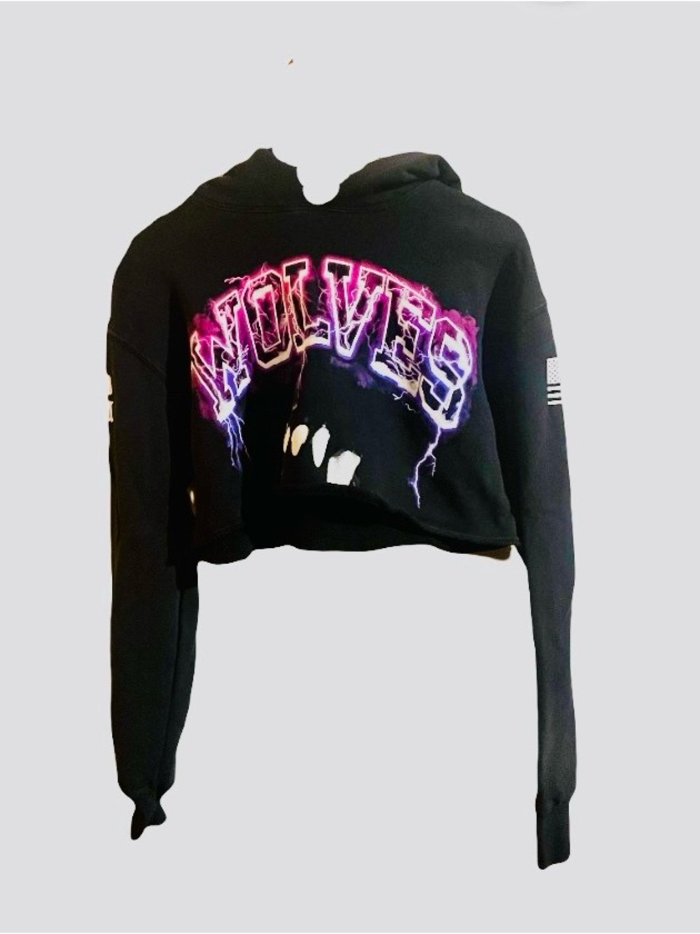 Size XS- Black Cropped 'WOLVES' Graphic Hoodie with Purple/Pink Lightning